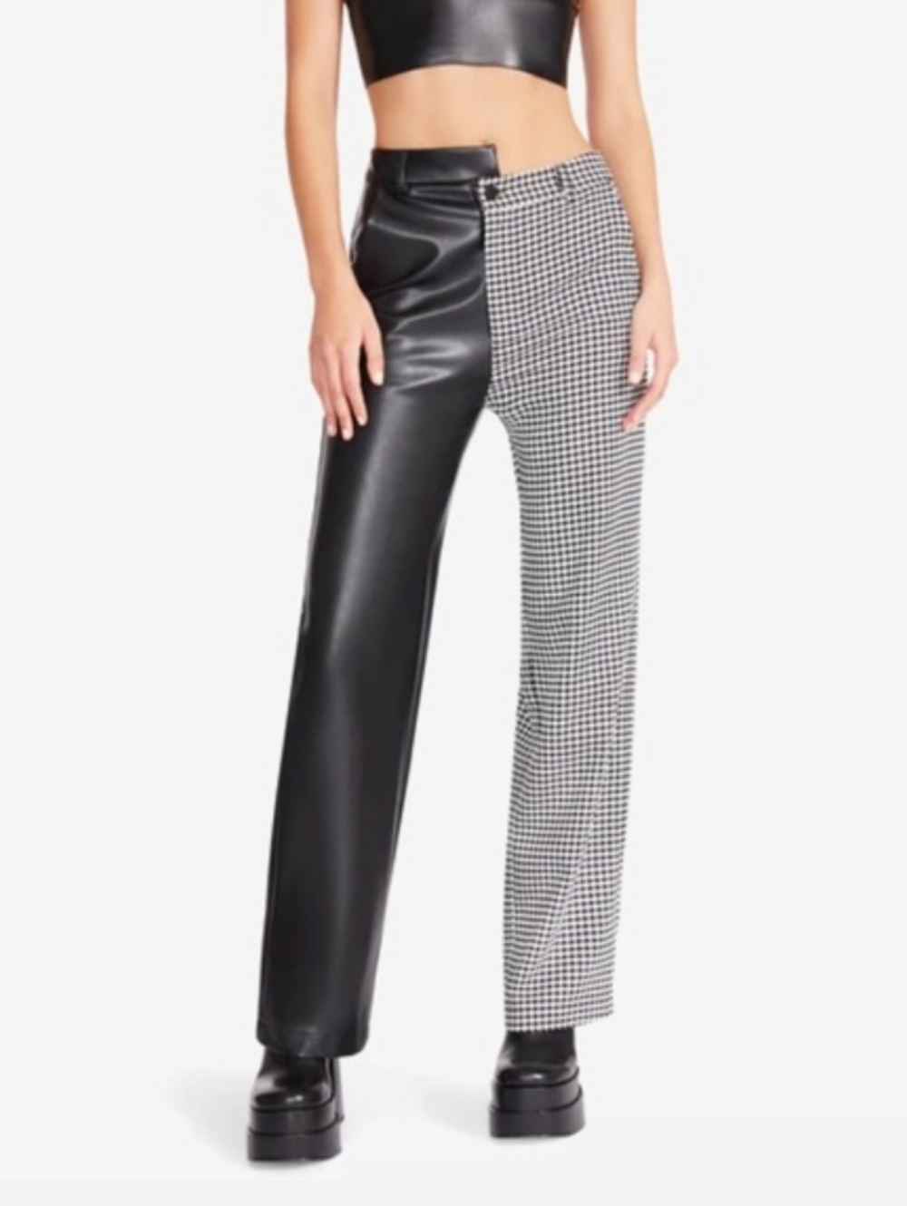 Steve Madden Split Fabric Pants 27 Faux Leather Houndstooth Black White Edgy